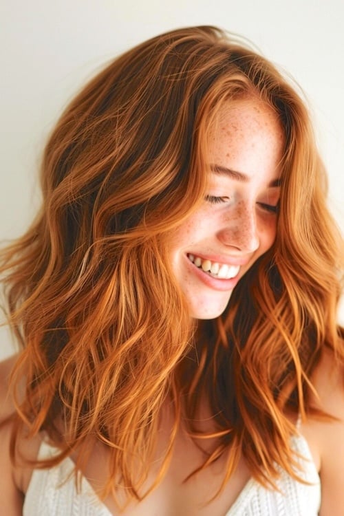 Copper waves with highlights on smiling woman looking down.