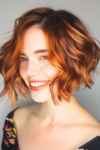 Copper Wavy Bob Short Hairstyle.