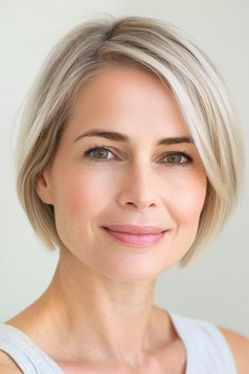 Cropped Bob with Side Part Hairstyle on a smiling woman with blonde hair.