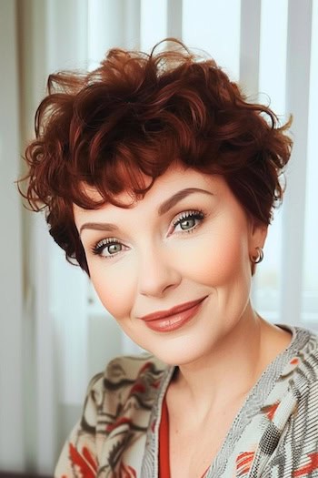 Cropped Curls Hairstyle on smiling older woman with auburn brown hair.