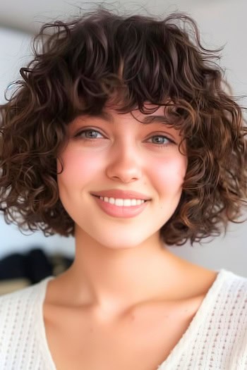 Cropped Curls With Bangs Short Hairstyle For Thick Hair.