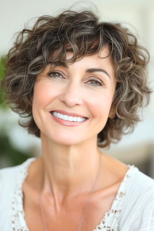 Cropped curly pixie on smiling older woman.