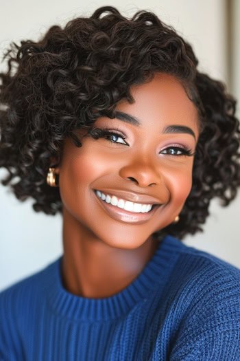 Cropped Dark Chocolate Curls Hairstyle on smiling woman with dark brown hair.