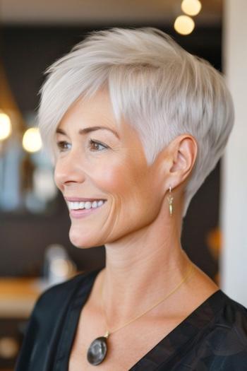 Cropped Pixie With Undercut Hairstyle on a smiling woman with silver hair.