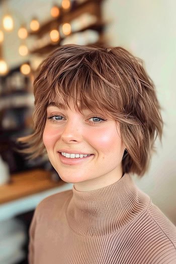 Cropped Shag with Full Bangs Short Hairstyle.