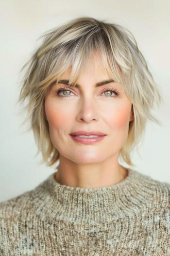 Cropped Shaggy Layers Hairstyle on a woman with highlighted blonde hair.