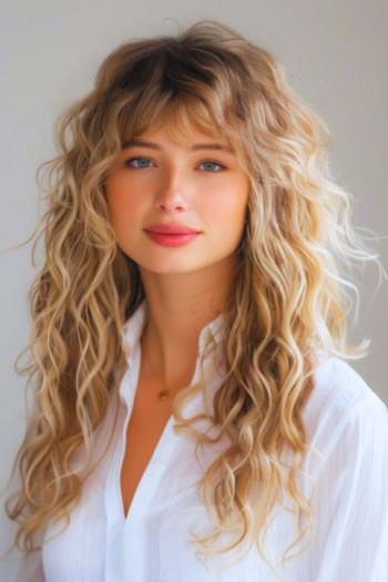 Curly Blonde Layers Long Hairstyle with Bangs.