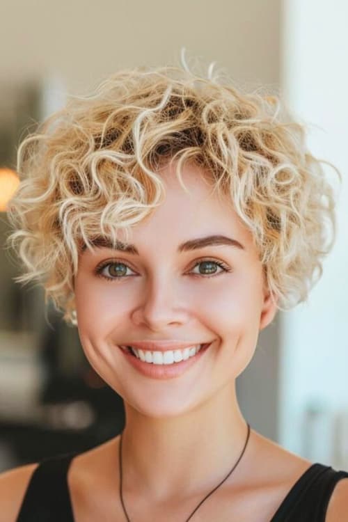 Curly blonde pixie cut.