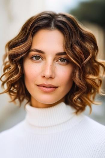 Curly Bob With Highlights Hairstyle on woman with medium-length brown hair.