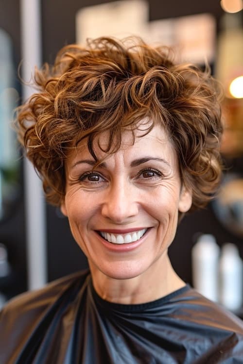 Curly grown-out pixie haircut on smiling woman over 50 in hair salon.