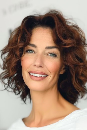 Curly Layered Bob Hairstyle on smiling woman with brown hair.