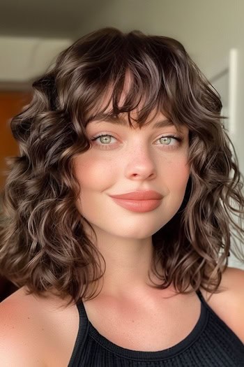 Curly Lob (Long Bob) with Bangs Hairstyle on smiling young woman with brown hair.