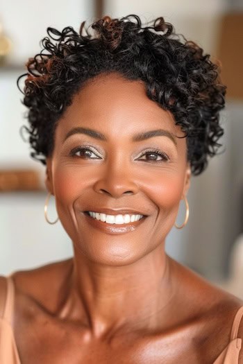 Curly Pixie Hairstyle on smiling older woman with brown hair.