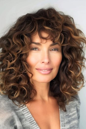 Curly Shag with Bangs Hairstyle on smiling older woman with brown hair.