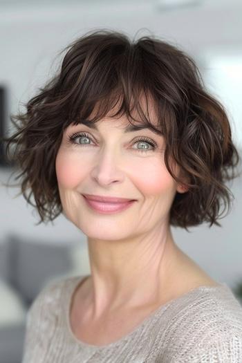 Curly Shaggy Bob Hairstyle on a smiling woman with brown hair.