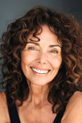 Curly Shoulder-Length Cut with Subtle Highlights Hairstyle on smiling older woman with brown hair.