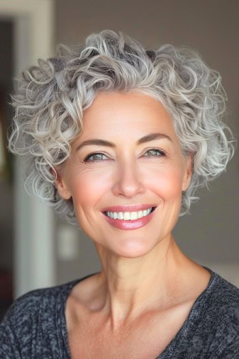 Curly Silver Pixie Bob Hairstyle on smiling older woman with silver gray hair.