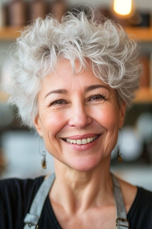 Curly silver pixie cut.