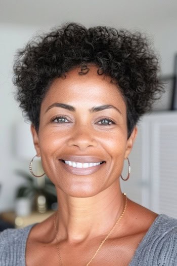 Curly Tapered Pixie Hairstyle on smiling older woman with dark brown hair.