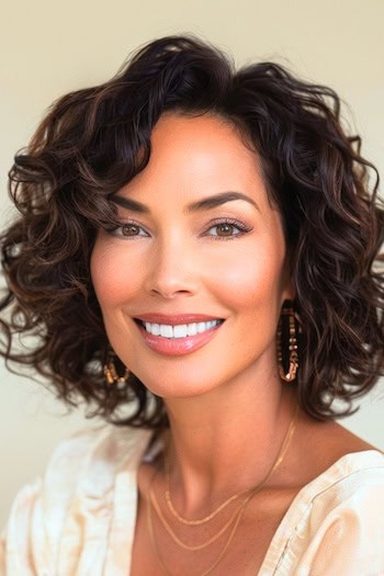 Dark Chocolate Curly Lob Hairstyle on smiling woman with brown hair.