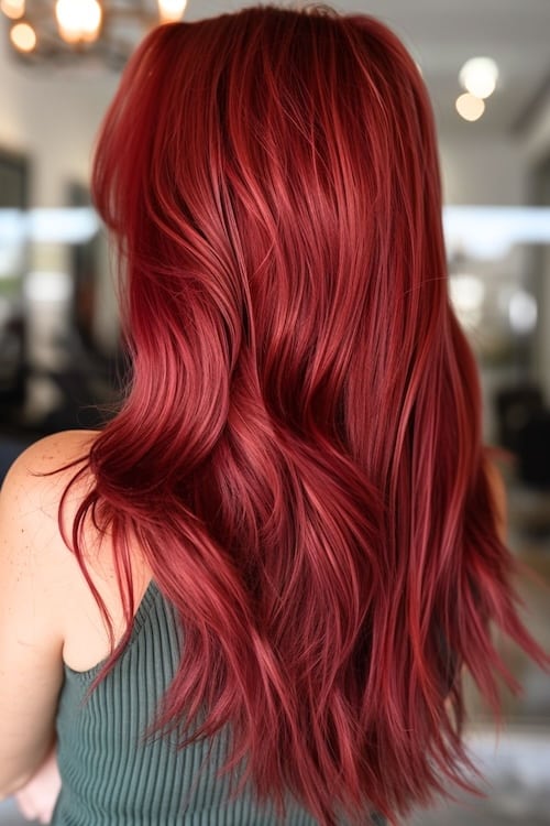 Dark crimson hair color on long wavy hair, shot from back in hair salon.