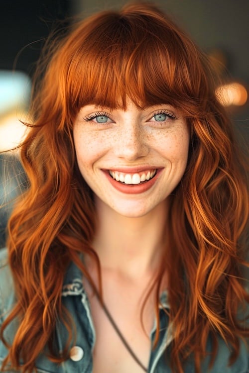 Deep ginger hair color with bangs and waves on smiling beautiful woman.