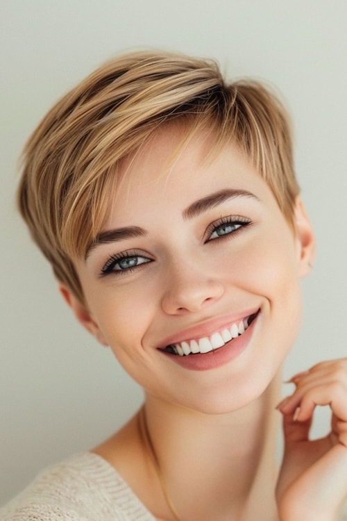 Deep side part pixie cut.