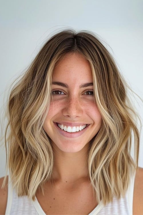 Dirty blond hair color on smiling woman, portrait.