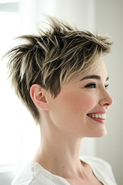 Edgy spiky layered pixie cut.