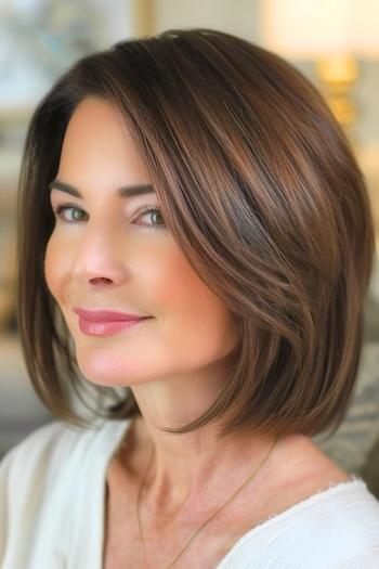 Face-Framing Bob Hairstyle on a smiling woman with brown hair.