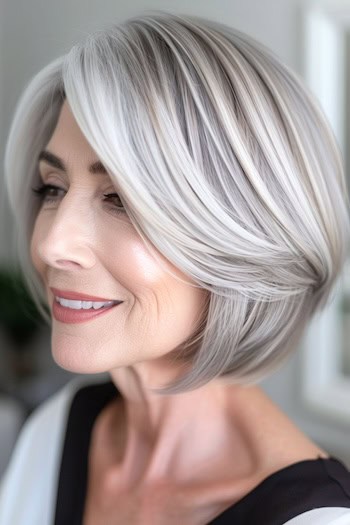 Face-Framing Bob Hairstyle on a smiling woman with silver hair.