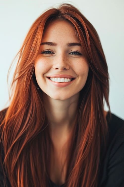 Face-framing deep auburn hair color and cut on beautiful smiling woman.