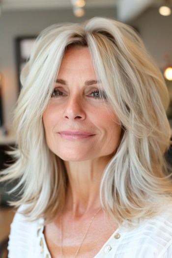 Face-Framing Feathered Layers Hairstyle on a smiling woman with medium-length blonde hair.