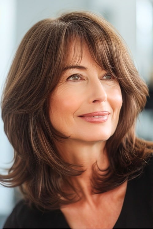 Face framing layers on beautiful woman over 50 with brown hair.