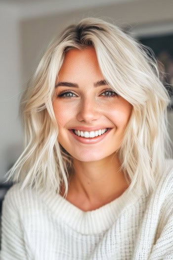 Face-Framing Platinum Blonde Medium-Length Haircut.