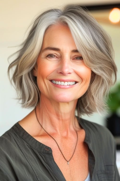 Face framing silver layers on smiling older woman.