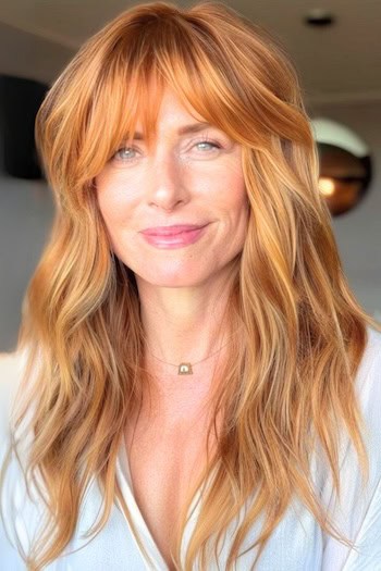 Face-Framing Strawberry Blonde Shag Hairstyle on smiling woman with long strawberry blonde hair.