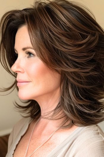 Feathered Layered Lob (Long Bob) Hairstyle on a smiling woman with medium-length brown hair, side view.