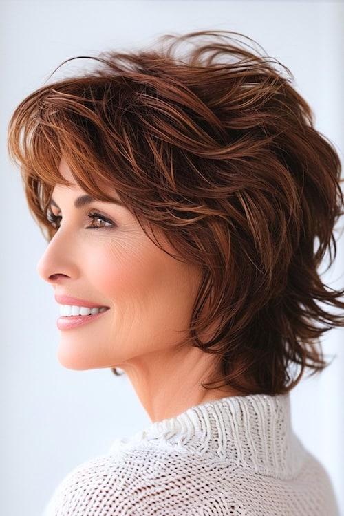 Feathered layers and short auburn hair on beautiful older woman, side view.