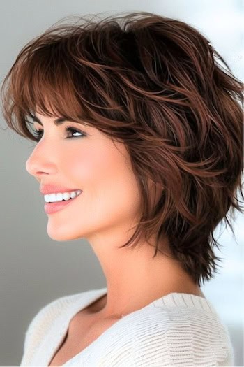 Feathered Layers with Bangs Short Hairstyle.