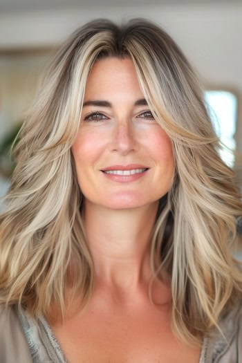 Feathered Layers With Center Part Hairstyle on a smiling woman with medium-length brown hair and blonde highlights.