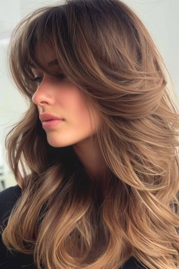 Feathered Layers with Long Bangs Long Hairstyle.