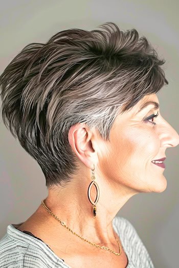 Feathered Pixie Cut Hairstyle on smiling older woman with salt and pepper hair.