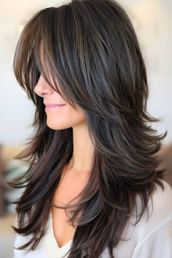 Feathered Shag with Flipped Ends Hairstyle on smiling woman with long brown hair, side view.