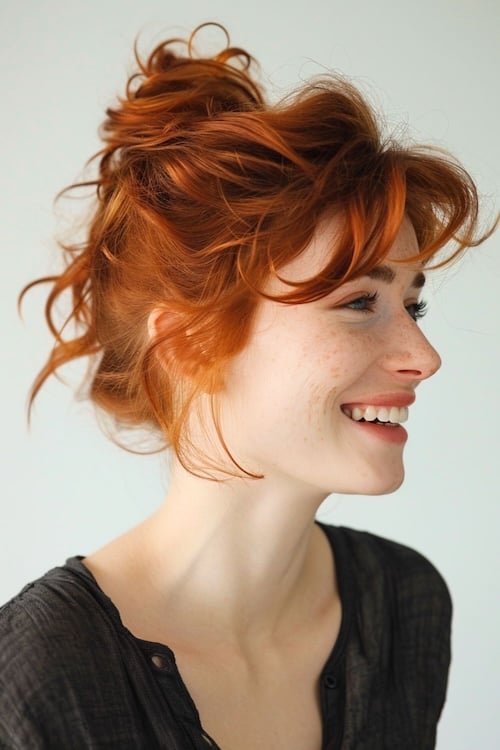 Fiery copper top knot hairstyle on smiling woman, side view.