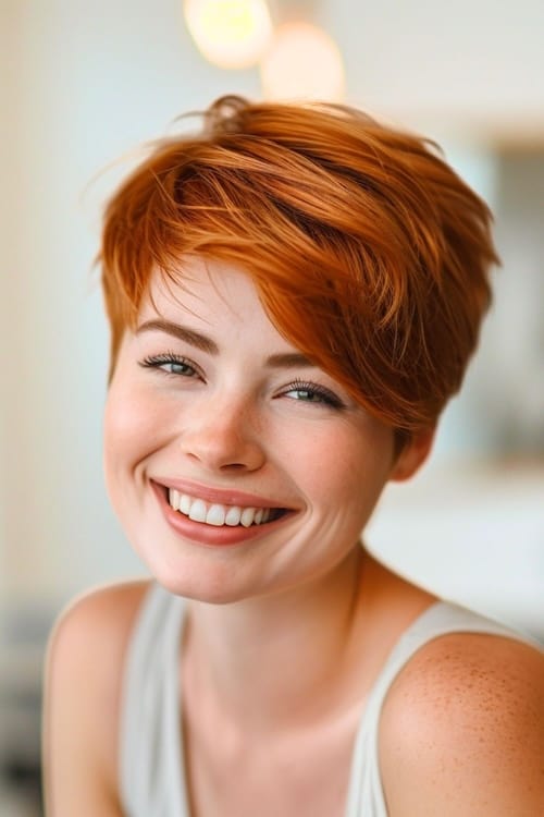 Fire-like red pixie cut.