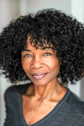 Full Curls with Bangs Hairstyle on soft smiling woman with black hair.