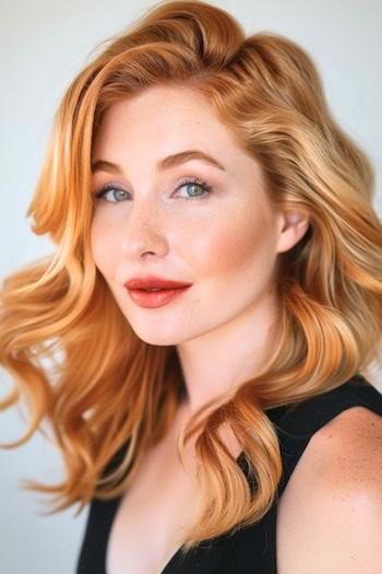 Glamorous Copper Waves Hairstyle on a young woman with shiny copper red hair.