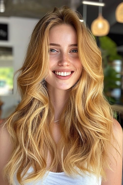 Golden blonde with sun-kissed highlights on smiling woman.