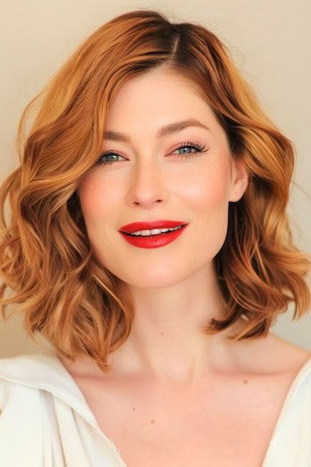 Golden Copper Lob with Side Part Medium-length Hairstyle.